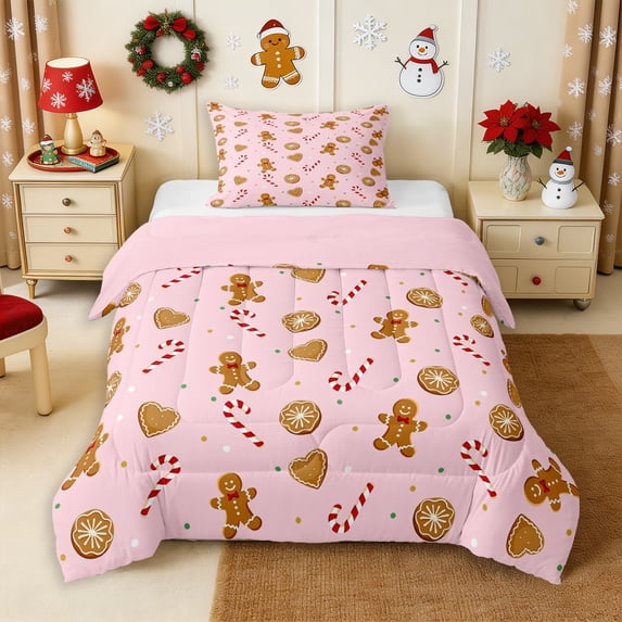 Erosebridal Gingerbread Cookies Full Size Comforter Sets 3-Piece,Christmas Baking Bedding Comforter Set,Light Pink,Reversible,1 Comforter and 2 Pillowcases