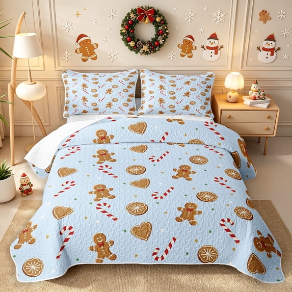 Erosebridal Gingerbread Cookies Quilt Full 3-Piece,Christmas Baking Full Bedspread Sets,Sky Blue,1 Coverlet and 2 Pillowcases