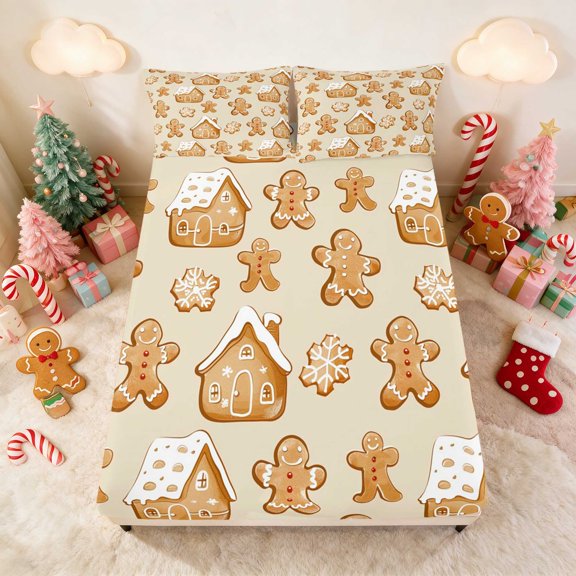Manfei Gingerbread Fitted Sheet Full Christmas Bed Set 3 Pieces 1 Fitted Sheet and 2 Pillowcases