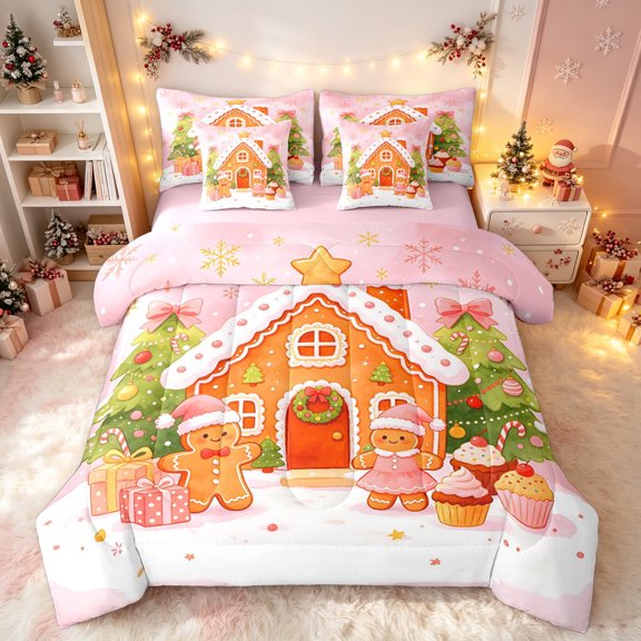 Erosebridal Gingerbread House Queen Bedding, Candy Cupcake Bedding Comforter Set Queen, White Pink, Pink Reversible, 7pcs