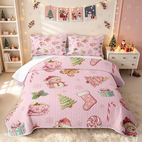 Erosebridal Gingerbread Man Twin Quilt Set, Christmas Stocking Twin Coverlet Set, Pink, 2 Pieces, 1 Bedspread and 1 Pillowcase