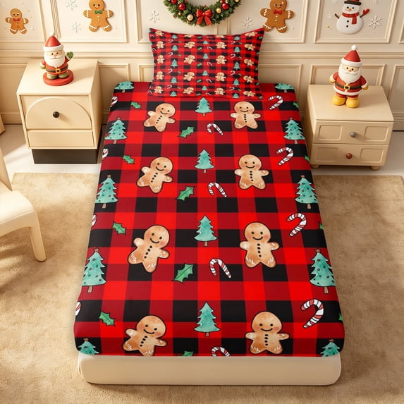 Erosebridal Gingerbread Plaid Twin Fitted Sheet 2 Pieces,Christmas Baking Bedding,Red Black,1 Fitted Sheet and 1 Pillowcase