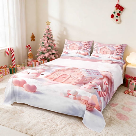 Manfei Gingerbread Queen Sheets Christmas Queen Sheet Sets 4pcs (1 Flat Sheet, 1 Fitted Sheet and 2 Pillowcases)
