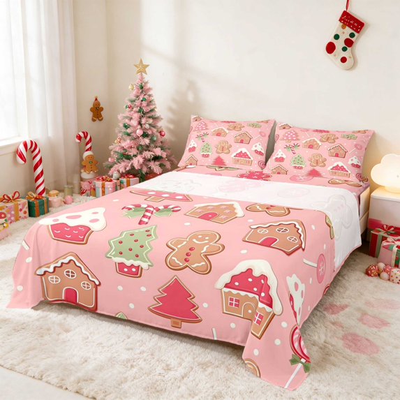 Manfei Gingerbread Queen Sheets Christmas Queen Sheet Sets, Black Red 4pcs (1 Flat Sheet, 1 Fitted Sheet and 2 Pillowcases)