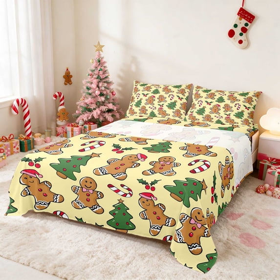 Manfei Gingerbread Queen Sheets Christmas Queen Sheet Sets, Pink Red 4-Piece (1 Flat Sheet, 1 Fitted Sheet and 2 Pillowcases)