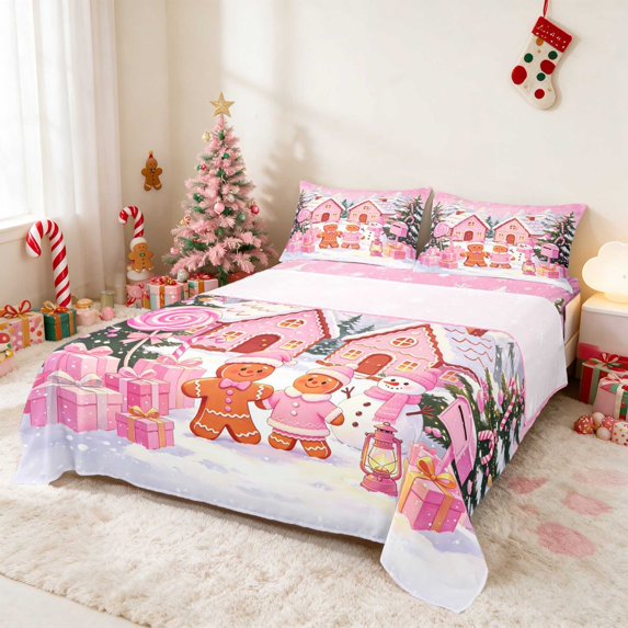 Manfei Gingerbread Queen Sheets Christmas Queen Sheet Sets, Teal Pink 4pcs (1 Flat Sheet, 1 Fitted Sheet and 2 Pillowcases)