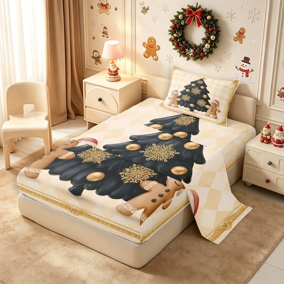 Erosebridal Gingerbread Tree Twin Sheets 3pcs,Festive Ornament Bedding,Beige,1 Flat Sheet, 1 Fitted Sheet and 1 Pillowcase