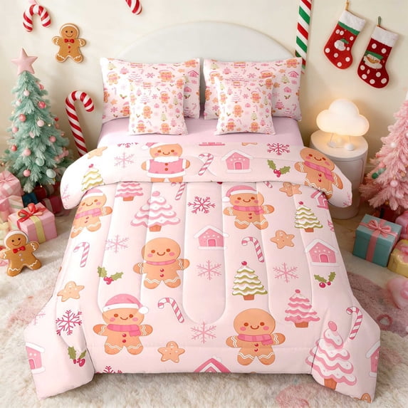 Manfei Gingerbread Twin Bedding 7pcs Christmas Bedding Comforter Set, Coral White, Pink Reversible