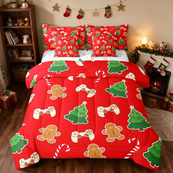 Manfei Gingerbread Twin Bedding 7pcs Christmas Bedding Comforter Set, Orange Brown, Xmas Reversible