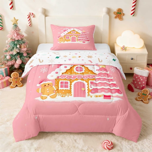 Manfei Gingerbread Twin Comforter Sets Christmas Bedding Set, Gray Green 2pcs 1 Comforter and 1 Pillowcase, Xmas Reversible