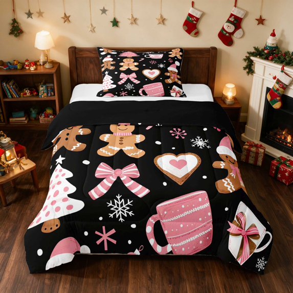 Manfei Gingerbread Twin Comforter Sets Christmas Bedding Set, Purple Pink 2-Pieces 1 Comforter and 1 Pillowcase, Black Reversible