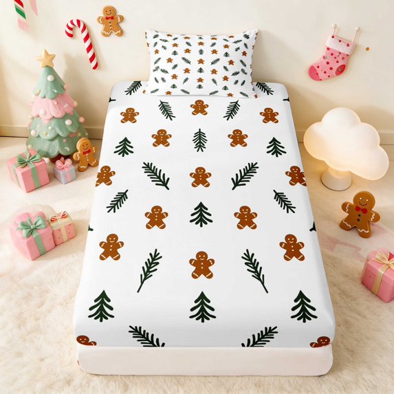 Manfei Gingerbread Twin Fitted Sheet Christmas Bedding, Blue Silver 2 Pieces 1 Fitted Sheet and 1 Pillowcase