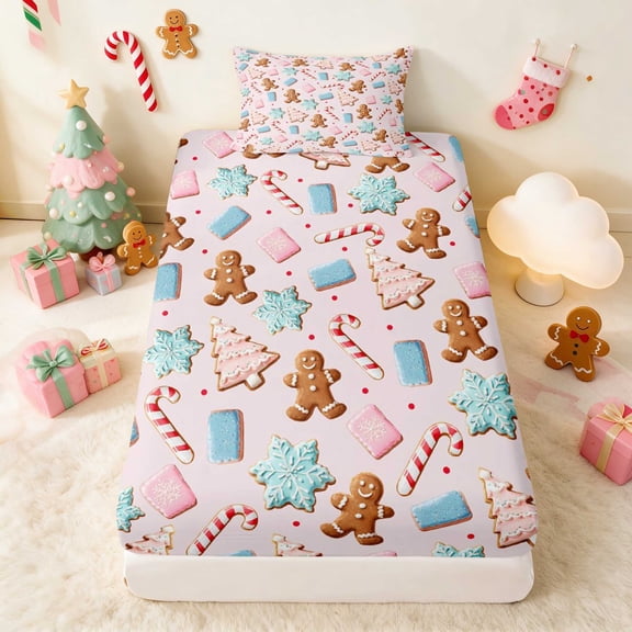 Manfei Gingerbread Twin Fitted Sheet Christmas Bedding, Blue White 2 Pieces 1 Fitted Sheet and 1 Pillowcase