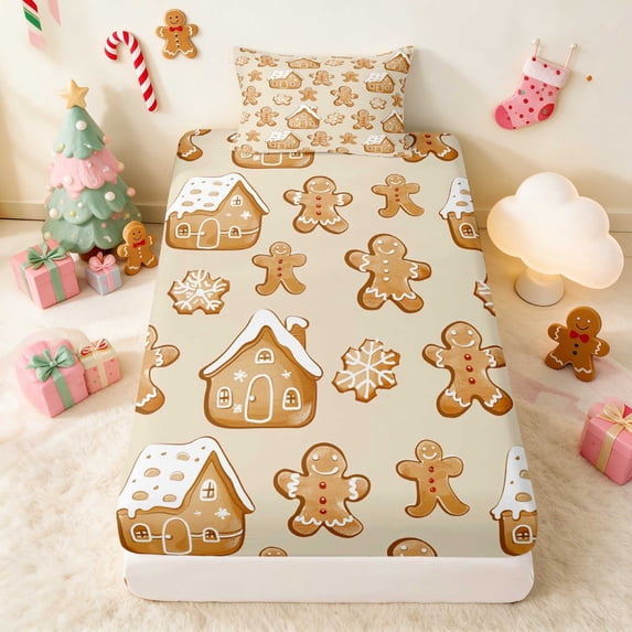 Manfei Gingerbread Twin Fitted Sheet Christmas Bedding, Green White 2-Piece 1 Fitted Sheet and 1 Pillowcase