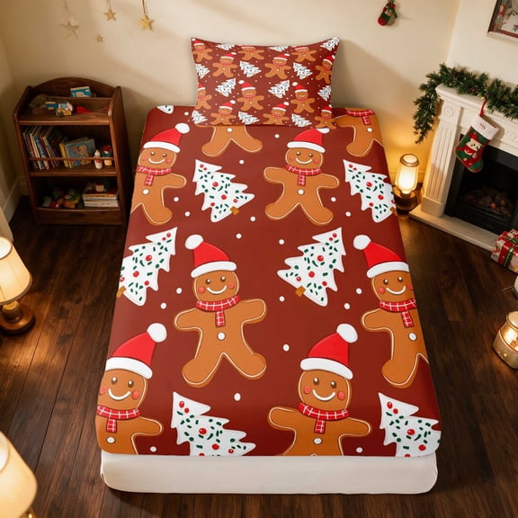 Manfei Gingerbread Twin Fitted Sheet Christmas Bedding, Orange Brown 2pcs 1 Fitted Sheet and 1 Pillowcase