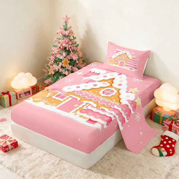 Manfei Gingerbread Twin Sheets Christmas Bedding, Gray Green 3pcs (1 Flat Sheet, 1 Fitted Sheet and 1 Pillowcase)