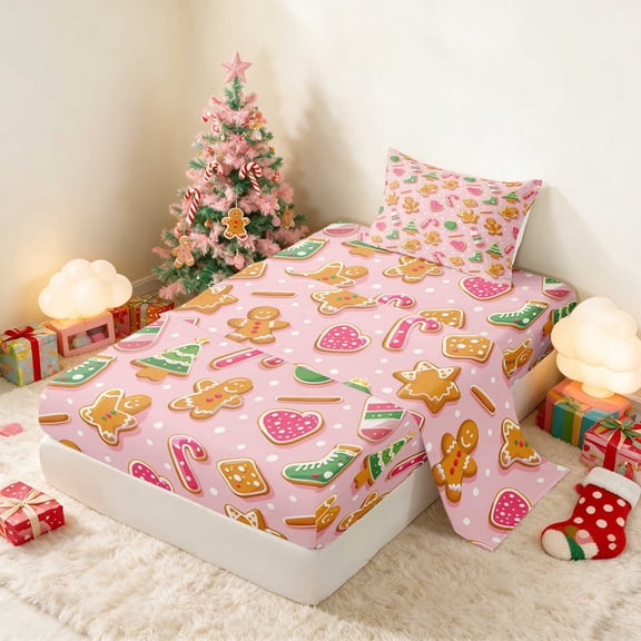 Manfei Gingerbread Twin Sheets Christmas Bedding, Maroon Cream 3pcs (1 Flat Sheet, 1 Fitted Sheet and 1 Pillowcase)