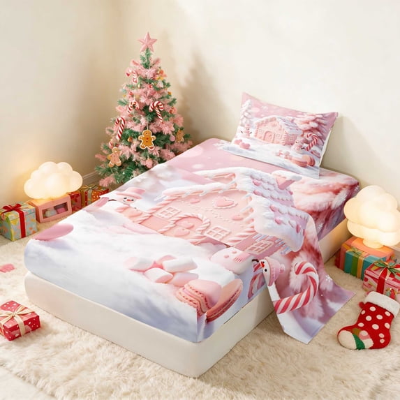 Manfei Gingerbread Twin Sheets Christmas Bedding, Turquoise White 3-Piece (1 Flat Sheet, 1 Fitted Sheet and 1 Pillowcase)
