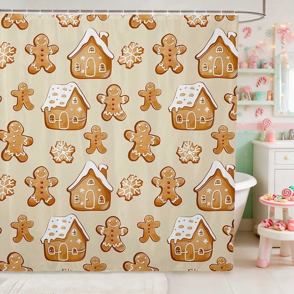 Manfei Gingerbread Waterproof Shower Curtain 72Wx72L Christmas Bathroom Curtain, Green White