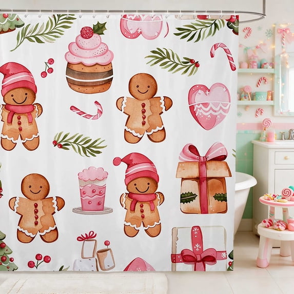 Manfei Gingerbread Waterproof Shower Curtain 72Wx78L Christmas Bath Curtain, Red Green