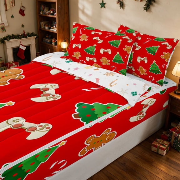 Manfei Gingerbread Zipper Twin Comforter Sets with Fitted Sheet and 2 Pillowcases Christmas Zipper Bedding Set, Orange Brown, Xmas Reversible