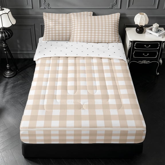 Erosebridal Gingham Geometric Print Zipper Full Size Comforter Sets with Fitted Sheet and 2 Pillowcases,Modern Abstract Art Zipper Bedding Set For Boys,Reversible,4-Piece