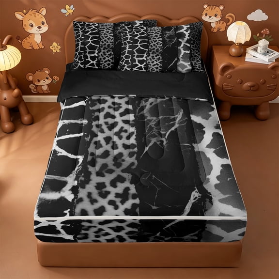 Erosebridal Giraffe Leopard Print Marble Zipper Twin Comforter Sets with Fitted Sheet and 2 Pillowcases,Wild Animals Pattern Zipper Bedding Set For Girls,Black Reversible,4pcs