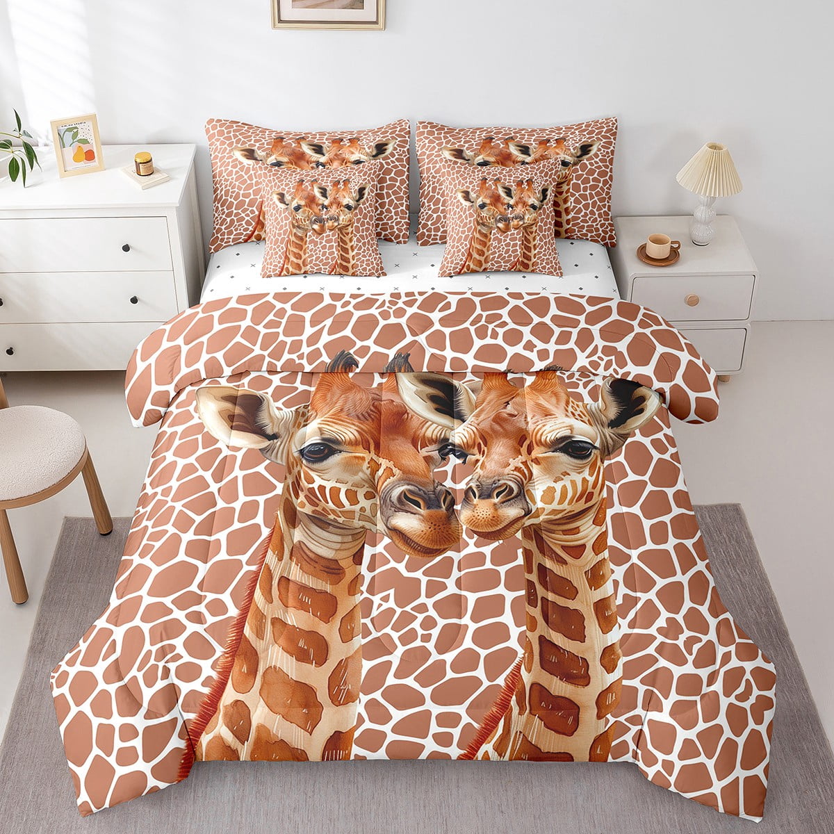 Erosebridal Giraffe Print Bedding Twin Size, Woodland Wildlife Comforter Sets with Sheets, Zoo Animal Duvet Set, Breathable Bedroom Decoration, Reversible 7-Piece