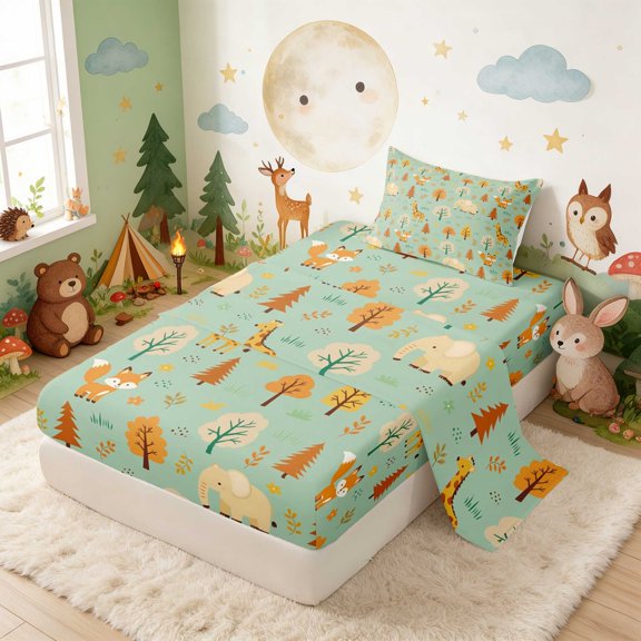 Erosebridal Giraffe Twin Sheets for Boys Girls, Green Forest Bedding, 3-Piece 1 Flat Sheet 1 Fitted Sheet and 1 Pillowcase