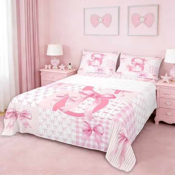 Erosebridal Girl Bowknot Personalized Gifts Full Size Sheets,Modern Geometric Grid Alphabet S Bed Sheets For Kids 4 Pieces