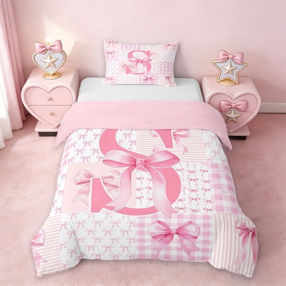 Erosebridal Girl Bowknot Personalized Gifts Twin Bedding,Modern Geometric Grid Alphabet S Duvet Cover Set For Kids,Pink Reversible,2-Piece(No Comforter)