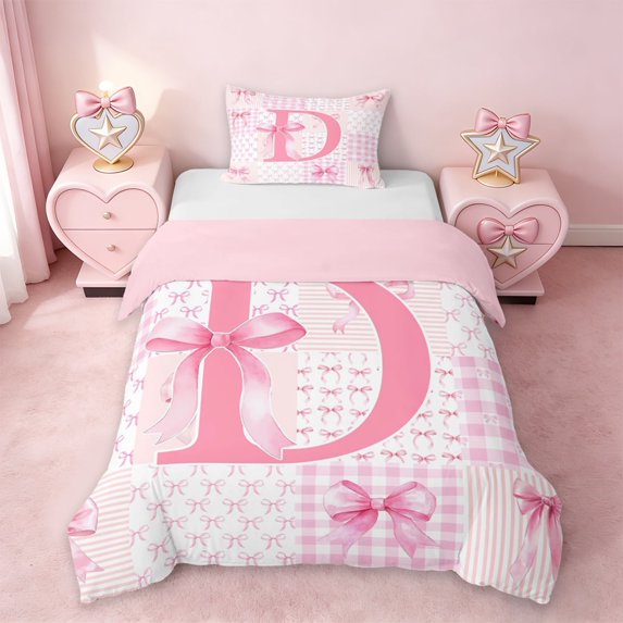 Erosebridal Girl Bowtie Personalized Gifts Twin Bedding,Modern Geometric Grid Alphabet D Duvet Cover Set For Kids,Pink Reversible,2-Piece(No Comforter)