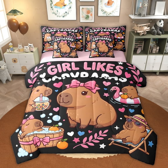 Erosebridal Girl Likes Capybara Twin Bedding Sets, Kids Stars Leaf Bedding Comforter Set, Black Pink, 7-Piece