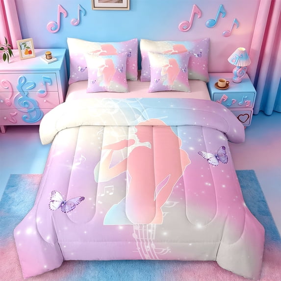 Erosebridal Girl Musician Silhouette Bedding Twin Size,Purple Cartoon Animal Butterfly Comforter Sets with Sheets,Musical Notes Bedding Sets Twin Size,Microfiber Bedroom Decor Reversible,7pcs