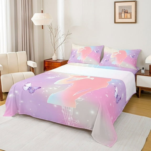 Erosebridal Girl Musician Silhouette Sheet Set Twin,Purple Cartoon Animal Butterfly Bedding Sets Twin Size,Musical Notes Twin Sheet Sets,Microfiber Bedroom Decor，3pcs