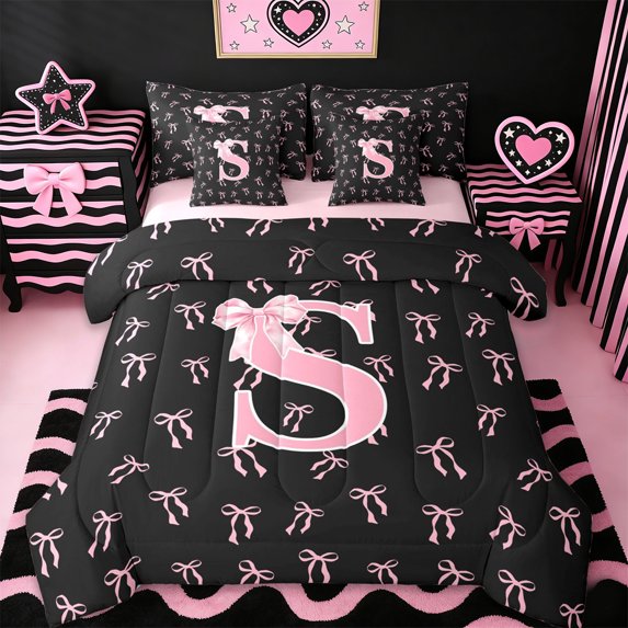 Erosebridal Girl Personalized Bowtie Gifts 7-Piece Bedding Comforter Set,Initial Letter Theme Alphabet S King Bedding Sets For Kids,Pink Reversible