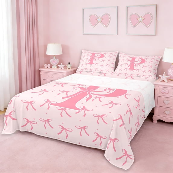 Erosebridal Girl Personalized Gifts Queen Sheet Sets,Pink Bowtie Theme Alphabet P Bed Set For Kids 4 Pieces