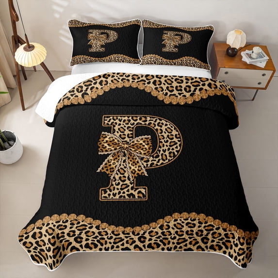 Erosebridal Girl Personalized Gifts Quilt Full,Cheetah Pattern Bowtie Alphabet P Full Bedspread Sets For Kids,3pcs