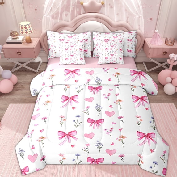 Erosebridal Girl Watercolor Ribbon Bedding Comforter Set 7 Pieces, Groovy Flower Full Bedding Set, White Pink