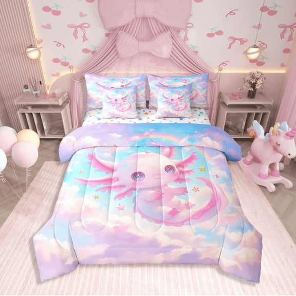 Erosebridal Axolotl Bedding Sets Twin Size,Cartoon Starss Comforter Sets With Sheets,Animal Decoraiton,Reversible,Breathable,7Pcs