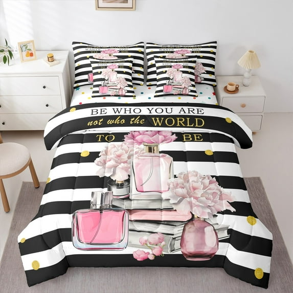 Erosebridal Girls Bags Perfume Bed in a Bag Twin Size,Chic Books Floral Bed Set,White Geometry Lines Bedding Twin Size,Microfiber Bedroom Decorative Reversible,7 Pieces