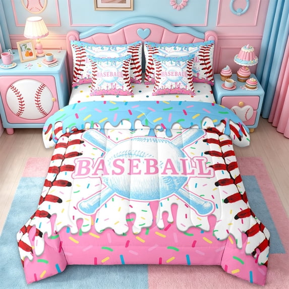 Erosebridal Girls Baseball 7-Piece Twin Bedding Sets,Kids Ball Sport Theme Bedding Comforter Set,Reversible