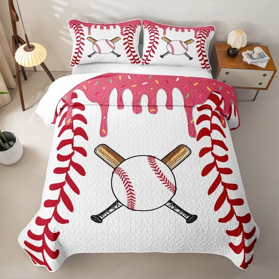 Erosebridal Girls Baseball Game Bed Spread Queen,Ball Ice Cream Drip Queen Coverlet Set For Kids,3-Piece