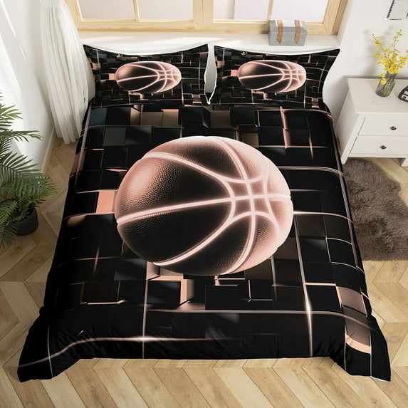 Erosebridal Girls Basketball Duvet Cover Twin,Sports Game Bedding Sets Twin Size,Lightpink Geometric Glowing Plaid Comforter Cover Twin,Microfiber Bedroom Decor Reversible,3-Piece(No Comforter)