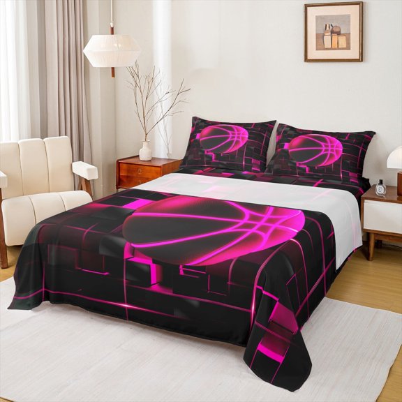 Erosebridal Girls Basketball Twin Sheet Sets,Sports Game Bedding Twin Size,Pink Geometric Glowing Plaid Bed Sheets Set Twin Size,Microfiber Bedroom Decor，3pcs
