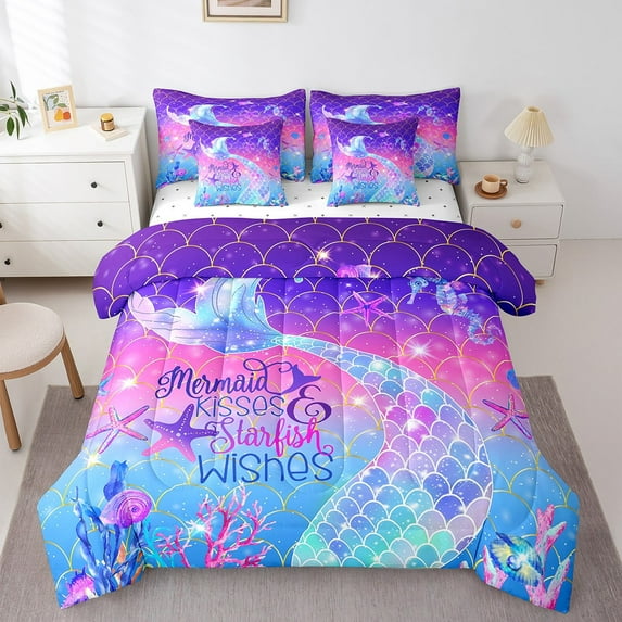 Erosebridal Bed in A Bag Full 7 Pcs,Kawaii Mermaid Tail Comforter Set Women,Gold Stars Rainbow Fish Scale Bedding,Watercolor Rainbow Neon Ombre Reversible Bed Sets with Sheet Set