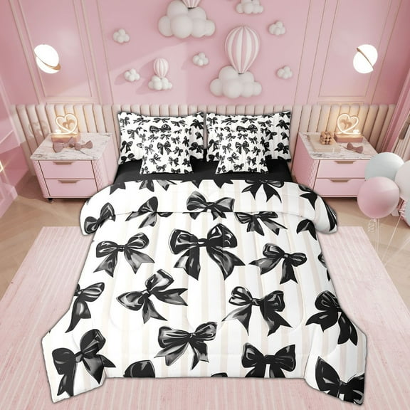 Erosebridal Black Bowknot Bedding Queen Size, Geometric Stripe Bedding Accessories, Bow-Tie Room Decor, Breathable 7 Pieces