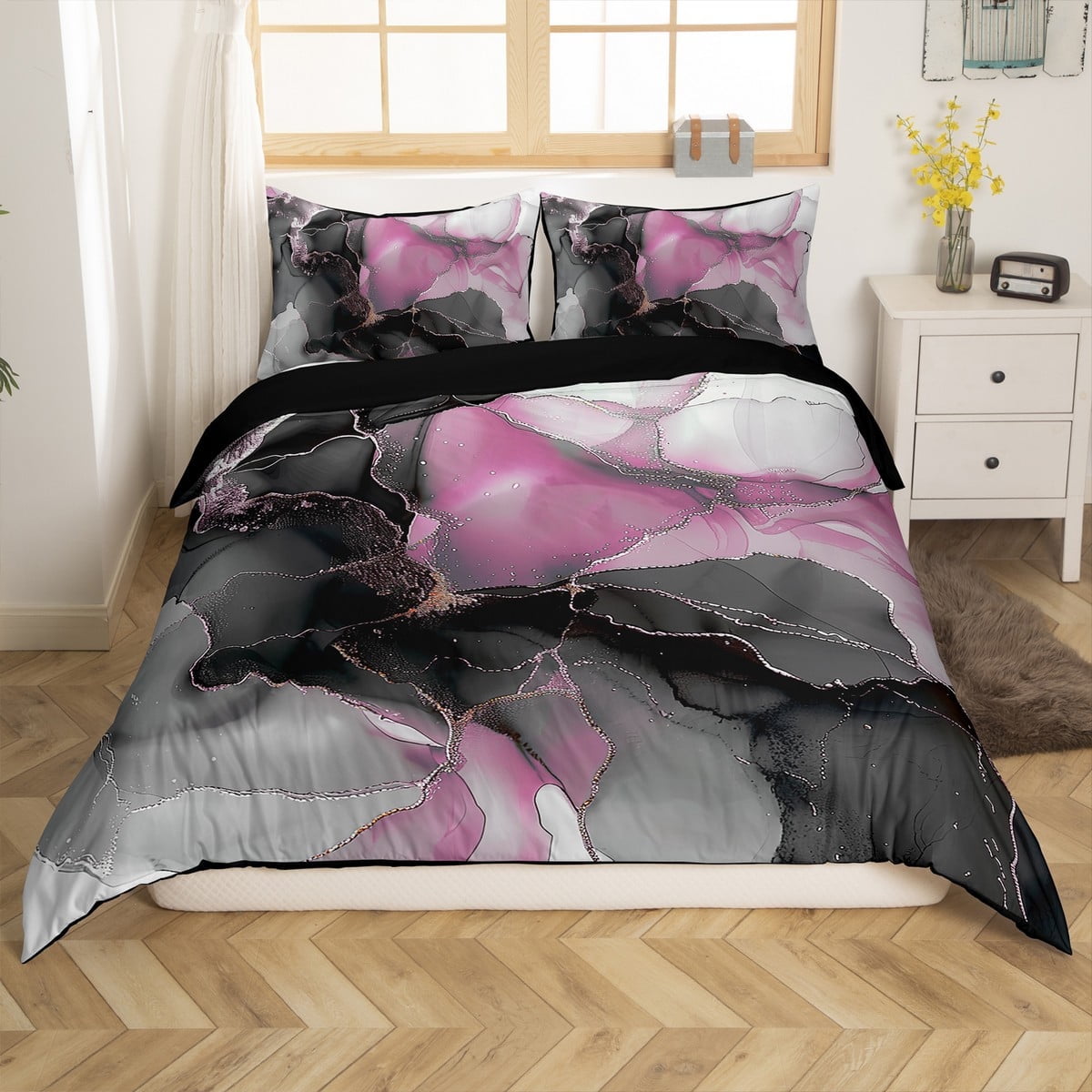 erosebridal-girls-black-and-pink-bedding-queen-size-modern-marble-duvet