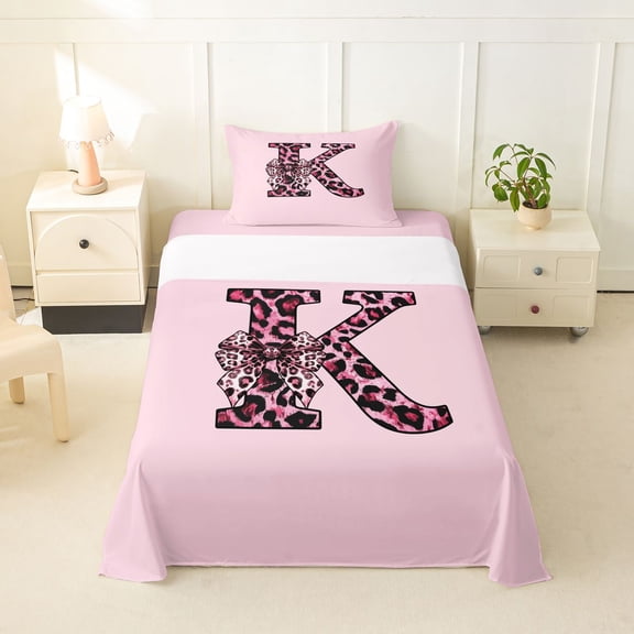 Erosebridal Girls Black Pink K Letter Monogrammed Twin Sheet Sets 3pcs,Kids Cheetah Print Bow Tie Bedding