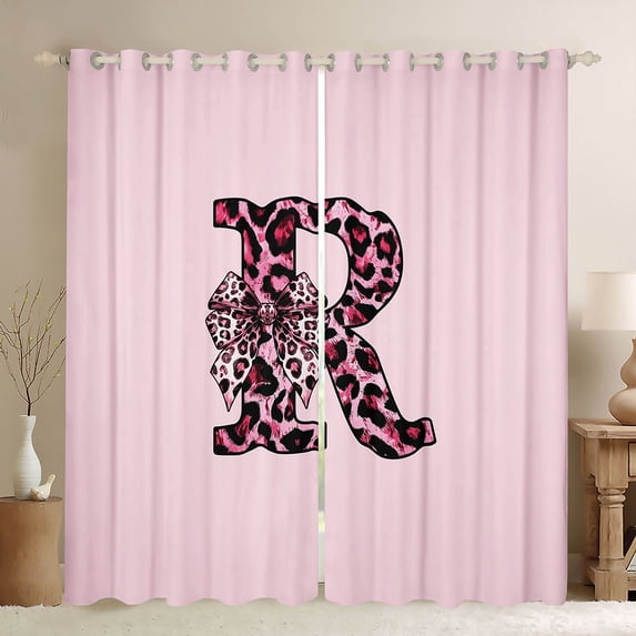 Erosebridal Girls Black Pink R Letter Monogrammed Blackout Curtains Set of 2 (52x84 Each),Kids Cheetah Print Bow Tie Window Curtains